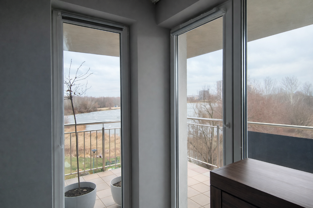 Widok z balkonu na plażę i jezioro